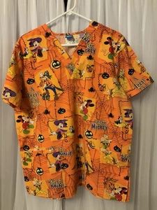 Disney Scrub Top Medium Halloween Mickey Minnie Pluto Orange V-neck Pockets - Picture 1 of 15