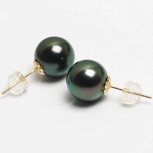 Tahitian Black Pearl Earrings, Tahiti Pearl Stud Earrings Grade AAA 18k Gold - Picture 1 of 7