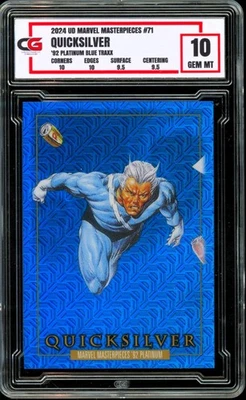 2024 Marvel Masterpieces Platinum 1992 BLUE TRAXX HOLO #71 Quicksilver CG 10 GEM - Image 1 of 2