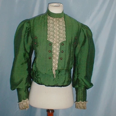 Elegante Vestido Antiguo Corpiño Victoriano Años 1890 Verde Mezcla Seda Mangas Globo Foto 1 de 4