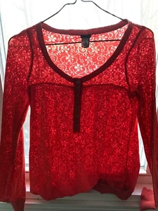 FREE PEOPLE Scoop Neck Burnout Henley Knit Shirt Top S Orange/red Loose Fit NICE - Picture 1 of 12
