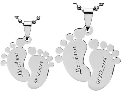 Ciondolo ID Partner piedi bambino + catena con incisione a scelta acciaio pregiato argento ♥ - Immagine 1 di 4