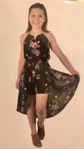 NWT Zunie Girl’s Size 16 Black Floral Sleeveless Romper Dress Hi Low Hem Belted - Picture 1 of 9