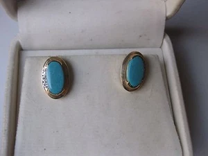 PENDIENTES DE ORO AMARILLO DE 14K DE COLECCIÓN: TURQUESA PERSA NATURAL Y DIAMANTES - Imagen 1 de 4