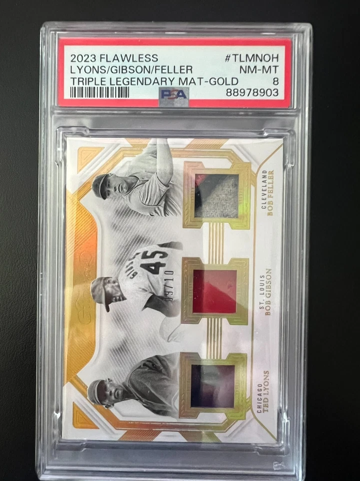Parche triple impecable Lyons/Feller/Gibson 2023 legendario mate dorado PSA 8 #/10  Foto 1 de 2