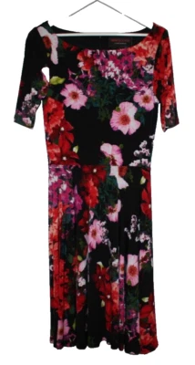 Marc Bouwer Dress Women' Size 10 Black Red Floral Poppy Photostat Midi Stretch - Image 1 of 4