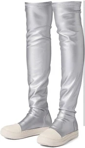 Women flat otk boot thigh high boots silver off white round toe - Picture 1 of 4