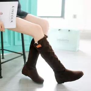 Womens Casual Faux Suede Mid-Calf Boots Comfort Hidden Heel Fall Slouch Boots Sz - Picture 1 of 13