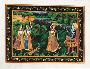 Radha Krishna With Gopis Painting Handmade Religious Folk Art 13x10 Inches - Imagen 1 de 4