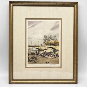 Signed Notre Dame Paris Etching by French Artist Eng Veder 13" X 16" Gold Frame - Picture 1 of 10
