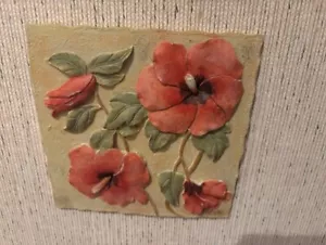 Blum Wall Plaques Tile Orange Poppies Embossed Hand Painted Floral Hanging Art - Picture 1 of 3