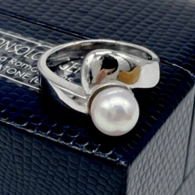 Anello donna in argento 925 perla di fiume naturale liscia bianca tonda elegante - Immagine 1 di 4