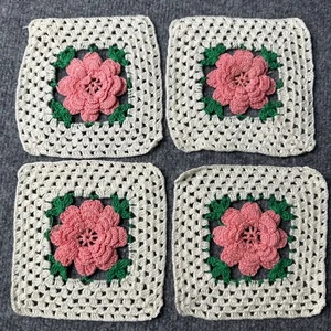 Vintage Floral Dollies Set of 4 Cream Pink Crochet 3D Rose Handmade - Picture 1 of 6