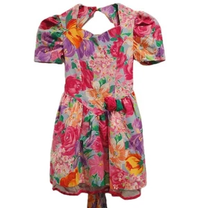 Vtg Bonnie Jean Girls Size 7 Bright Dress Lace Tulle Puff Sleeve Cut Outs - Picture 1 of 7