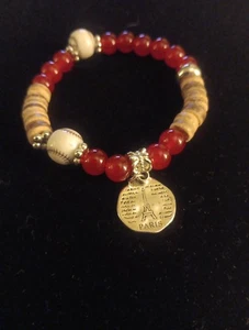 Baseball Red And Brown Beaded Bracelet With A Paris Charm. Very Nice. - Picture 1 of 1