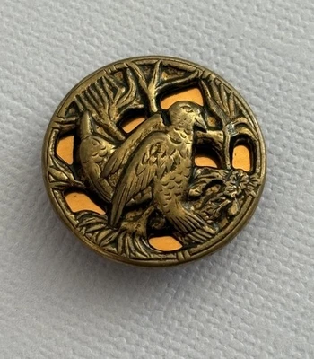 Vintage Antique Metal Picture Button Mirror Back Orange Twinkle Bird in a Tree - Image 1 of 4