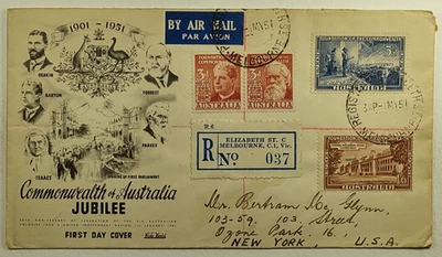 FDC 1951 Commonwealth of Australia Jubileo Registrado Primer Día Cubierta Melbourne Foto 1 de 2