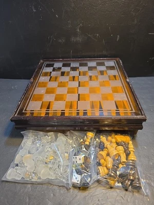 Vintage Wood/Glass Top Chess Game With Backgammon In One Chinese Checkers - Image 1 of 4