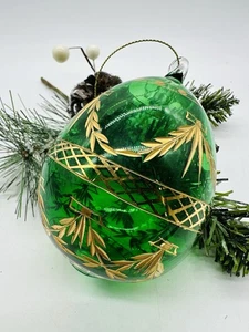 Vintage Green Glass Egg Ornament with Gold Etched Wheat & Bows 4" x 3" - Picture 1 of 7