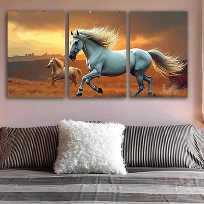 3pcs White Horses Running In The Wild Wall Art Canvas Framed 50x70cm - Image 1 of 2