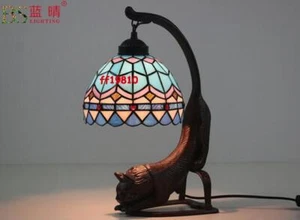 8" Vintage Tiffany Stained Glass Red Dragonfly Cat Flower Butterfly Table Lamp  - Picture 1 of 21