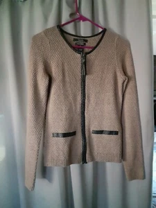 Merino Wool/Acrylic Blend Sweater (S) Lt Brown, Zip, Faux Leather Accents TAHARI - Picture 1 of 8