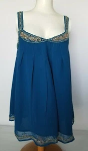 French Connection Top Silk Camisole Ocean Blue Beaded Trim Lined Size 6 NEW - Picture 1 of 5