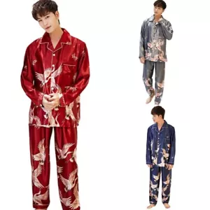 Mens Silk-Like Pyjama Set Long Sleeve Pajamas Suit Sleepwear Loungewear - Picture 1 of 15