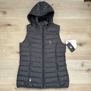 Spyder Polar Thermaweb Puffer Vest Jacket Women's Gray Hooded Medium CompanyLogo - Picture 1 of 13