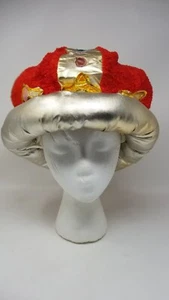 RED & GOLD CROWN LUSH PLUSH PARTY HAT Men/Women Adult Sz w/Adjustable Sz Strap - Picture 1 of 9