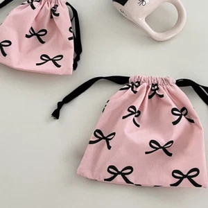 Bow Knot Striped Mini Drawstring Bag Cosmetic Storage Pouch Women Sweet Wallet - Picture 1 of 15