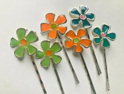 Pair Vintage 1980s Silver Plated Enamelled Hair Grips Bobby Pins Flower Power - Image 1 of 4