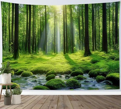 Green Woodland Sunshine Through Forest Tapestry for Bedroom Living Room Dorm - Image 1 of 4