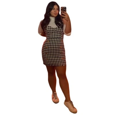 Forever 21 Mujer Negro/Blanco Pata de Gallo Estampado Sarga Mini Vestido Talla L Foto 1 de 4