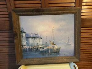 K THOMAS OIL CANVAS PAINTING SEASCAPE FISHING BOATS WHARF WOOD FRAME ROPE TRIM - Picture 1 of 9