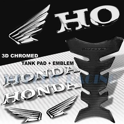 ALMOFADA DE TANQUE PERFURADA PRETA PRO GRIP + LOGOTIPO DE ASA CROMADA + ADESIVO EMBLEMA LETRA HONDA - Imagem 1 de 4