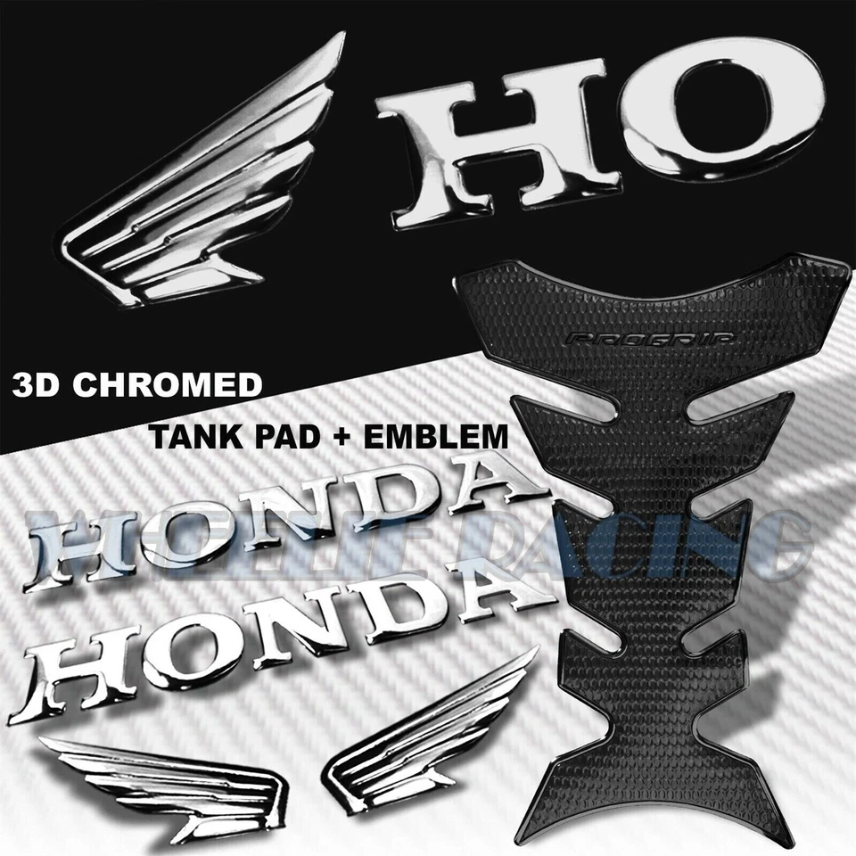ALMOHADILLA DE TANQUE PERFORADA NEGRA PRO GRIP + LOGOTIPO DE ALA CROMADA + PEGATINA EMBLEMA LETRA HONDA Foto 1 de 4