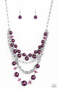 Paparazzi Jewelry Rockin' Rockette Necklace Purple Peal and Crystal Beads Silver - Picture 1 of 3