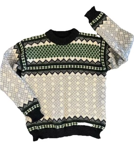 Vintage DALE Of NORWAY Argyle 100% Wool Sweater Ivory Green & Blueish Black - Picture 1 of 10