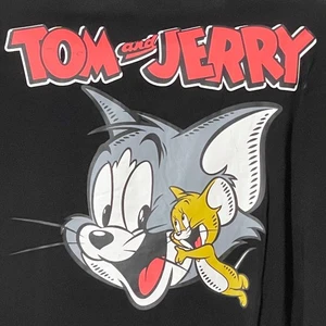 Tom & Jerry Black Button-Up Cropped Shirt XL Cartoon Graphic Front & Back  - Picture 1 of 7