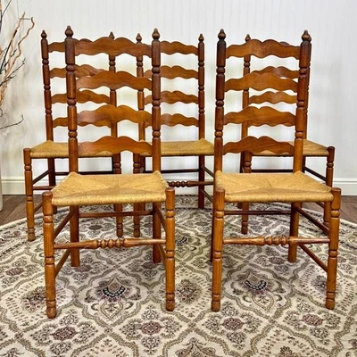 Sillas de campo francesas vintage con respaldo de escalera y asientos Rush - Juego de 5 Foto 1 de 4