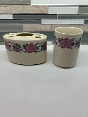 Porta cepillo de dientes vintage floral de porcelana taza punto de cruz baño hecho en Japón Foto 1 de 4