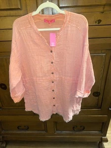 NEW Simply Southern Gauze Tunic Button Up Top-Peach/Soft Orange-Large-Raw Hems - Picture 1 of 9