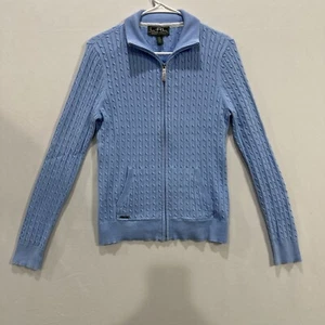 LRL Lauren Active Ralph Lauren Women's M Cable Knit Sweater Full Zip Blue Layer - Picture 1 of 7