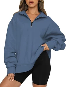 ATHMILE Womens Oversized Pullover Long Sleeve Sweatshirt Quarter Zip Blue Small - Picture 1 of 7