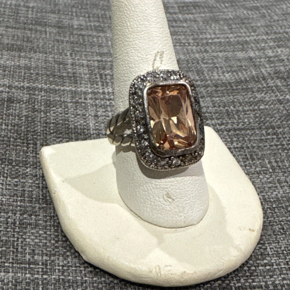 Prata esterlina ~ anel de haste dividida design de cabo com laranja CZ cercado por halo ~ tamanho 9 - Imagem 1 de 4