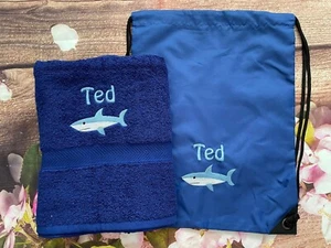Swimming towel and bag set, personalised with embroidered name and shark motif. - Picture 1 of 8