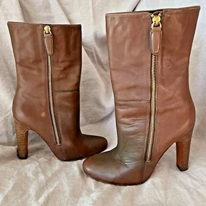 Coach gold side zipper boots brown leather stacked heel round toe size 7 - Picture 1 of 11