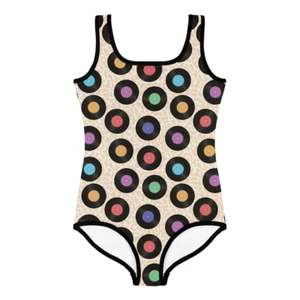 Kids Retro Music Swimsuit #1 - Baby Girl Teens Bathing Suit Cassettes Vinyl CDs - Picture 1 of 30