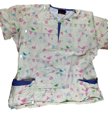 MNJ Short Sleeve Shirt Adult 3XL Womens Birds Rattle Nursery Nurse Scrubs Top - Image 1 of 4